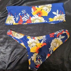 EUC bikini set with bandeau top and cheeky high waisted bottoms, both medium.